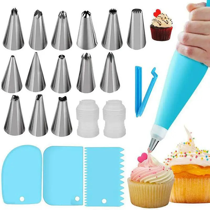 ensemble pâtisserie embouts coniques sacs pâte rose bleu grattoirs brosses nettoyage outils boulangerie