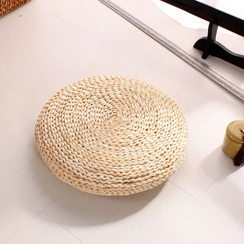 coussin sol rond tissé motifs circulaires paille souple opaque naturel 30cm 40cm