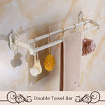 étagère salle bain blanc doré ornements sculptés finition art déco porte serviettes savon brosse