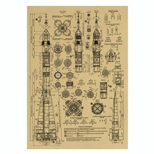 affiche autocollant plan fusée spatiale dessins techniques beige clair dimensions informative mur moderne