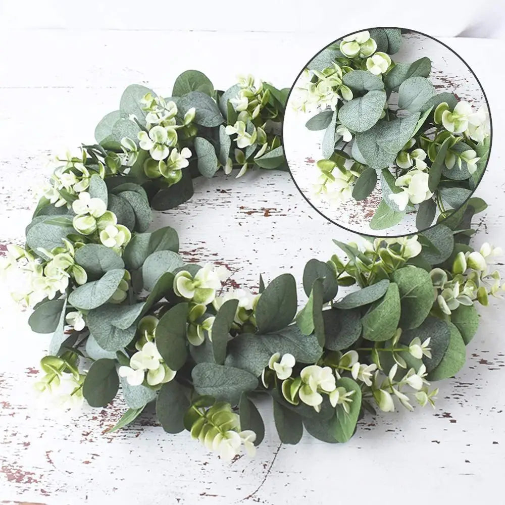 couronne fleurs artificielles vertes blanches feuilles naturel rustique extérieure intérieure décoration hiver automne 42cm