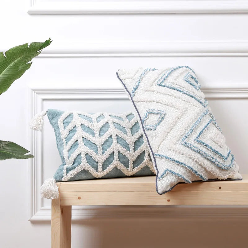coussin decoratif bleu blanc motif geometrique moderne boho chic amovible lavable tassel adhésif coton