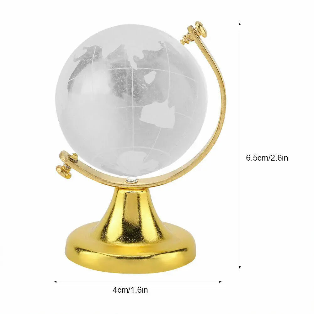 globe terrestre cristal transparent relief continents support métallique or argenté décoration élégante enseignement enfants