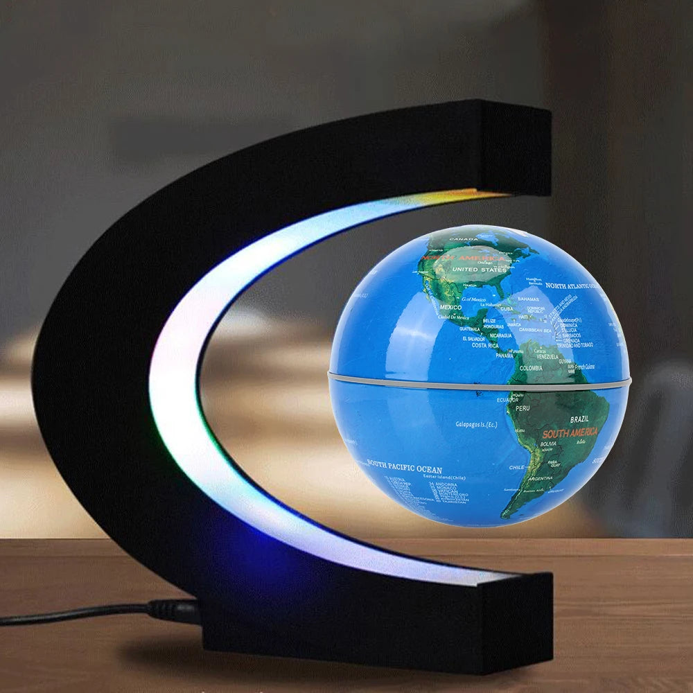 globe lévitation magnétique base lumineuse carte monde décoration moderne bleu vert