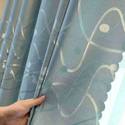 rideau turquoise motif abstrait semi transparent asiatique øillet métallique decoration intérieur filtrage lumière