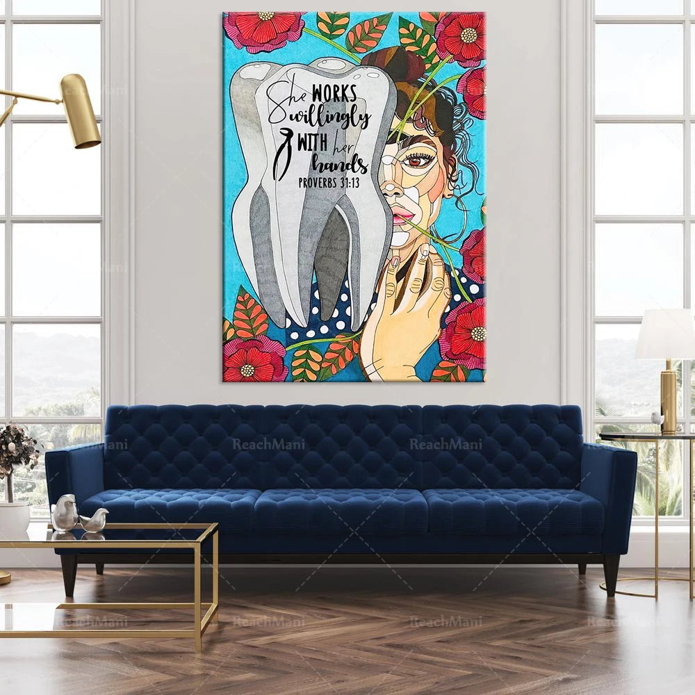Une toile colorée représentant une femme aux mains habiles, entourée de fleurs éclatantes et d'un message inspirant sur la puissance des mains.