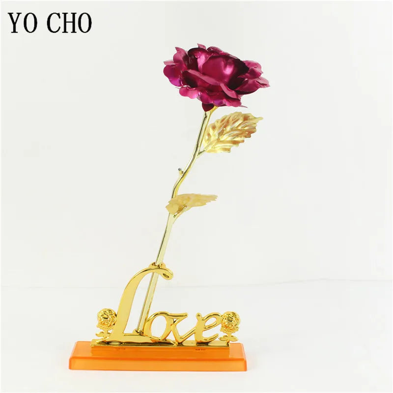rose artificielle fleurs dorées pétales brillants boîte cadeau saint valentin décoration mariage luxe