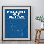 Affiche de la course de demi-marathon de Philadelphie, avec un tracé de la course sur une carte de la ville.