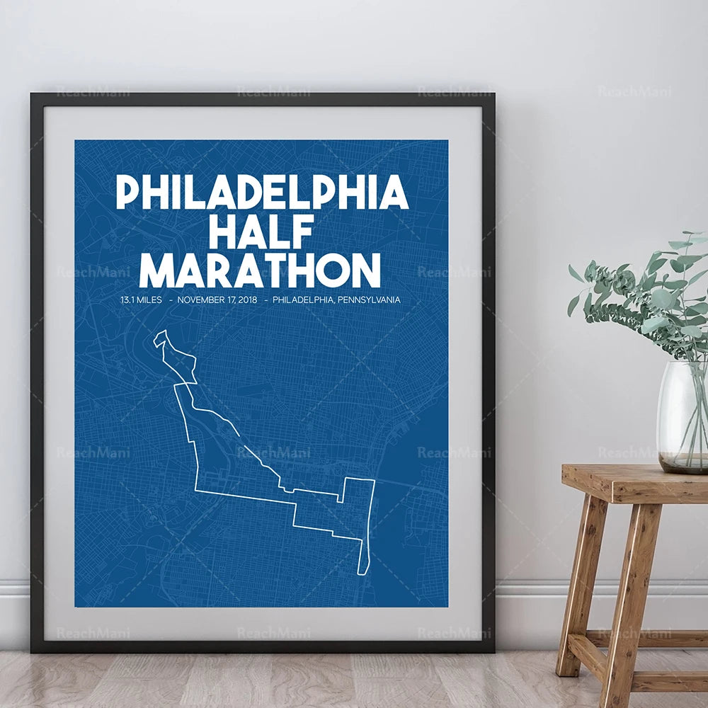 Affiche de la course de demi-marathon de Philadelphie, avec un tracé de la course sur une carte de la ville.