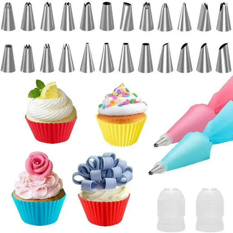 ensemble pâtisserie embouts coniques sacs pâte rose bleu grattoirs brosses nettoyage outils boulangerie