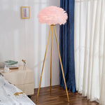 lampe sol moderne plumes blanche dorée pieds trépied led chambre salon entree