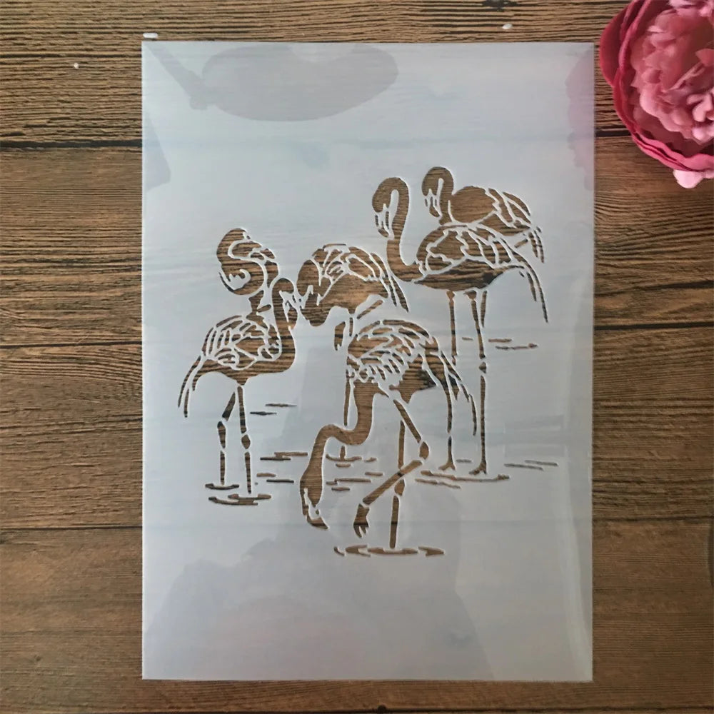 pochoirs stencil oiseaux flamants roses blanc doré art bricolage peinture murale scrapbooking