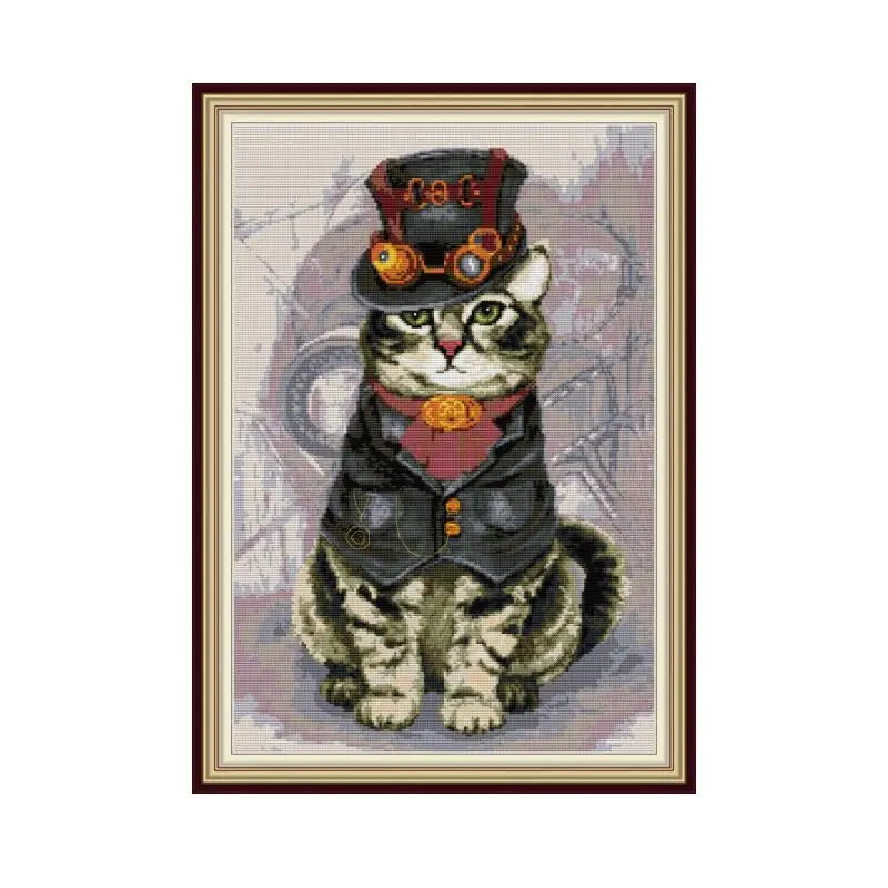 kits broderie point croix chats steampunk multicolore jaune rouge vert orange rose coton toile