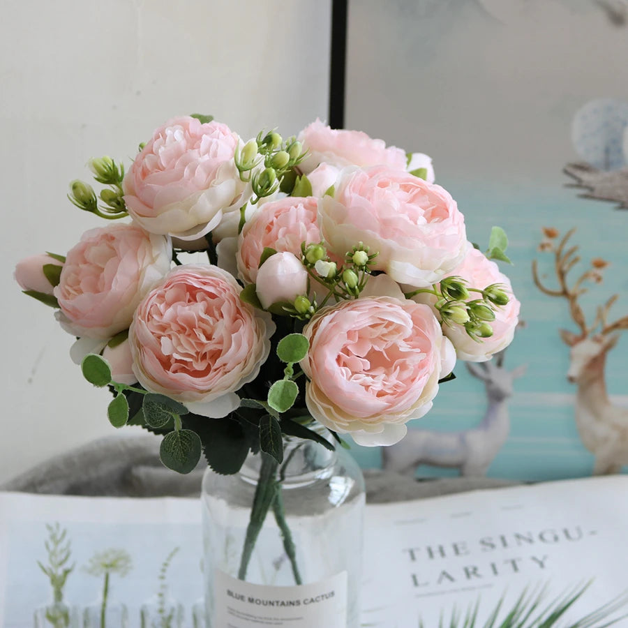 bouquets fleurs artificielles rose blanc lilas vert vases transparents blancsextérieur mariage décoration chambre salon