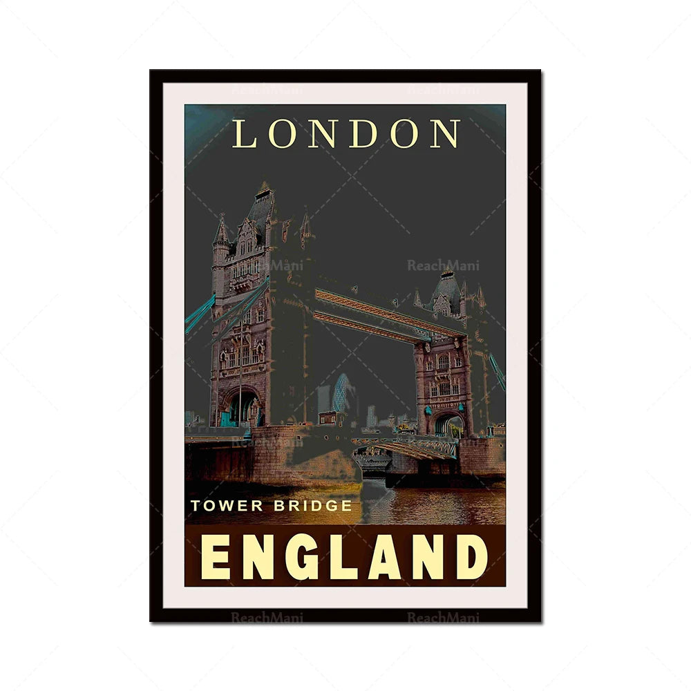 Une image vintage d'affiche promotionnelle mettant en valeur le célèbre Tower Bridge de Londres, en Angleterre.