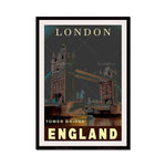 Une image vintage d'affiche promotionnelle mettant en valeur le célèbre Tower Bridge de Londres, en Angleterre.