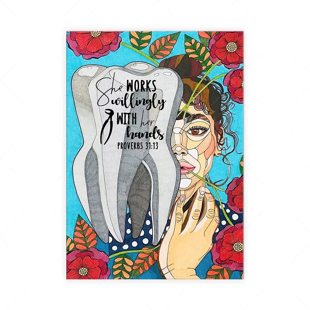 Une représentation colorée d'une femme travaillant avec ses mains au milieu de fleurs et de feuilles dans un cadre ornemental.