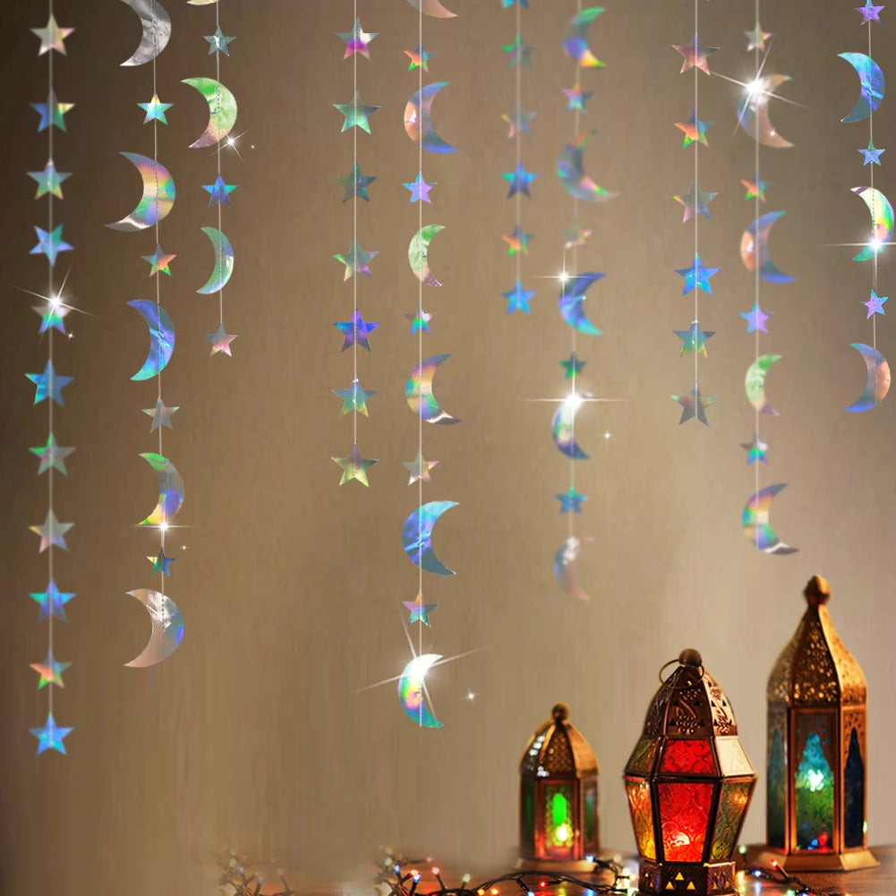 guirlandes festives multicolores étoiles lunes effet holographique irisé translucentes
