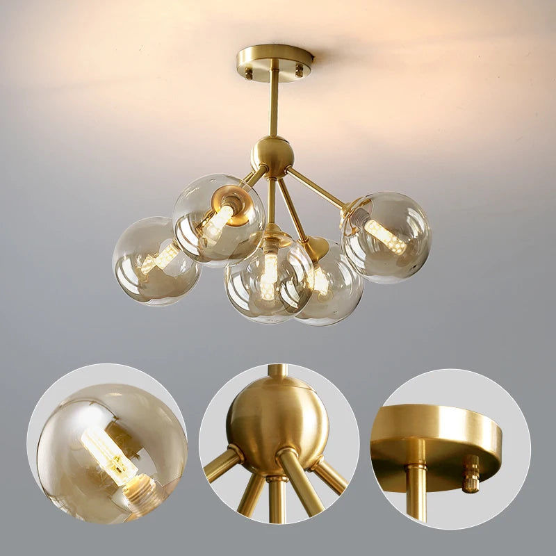 lustre moderne lumières doré sphères transparentes art déco contemporain led chambre salon