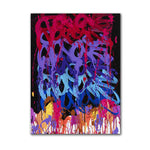 Toile abstraite contemporaine rouge violet bleu jaune noir coulures fluides sans cadre