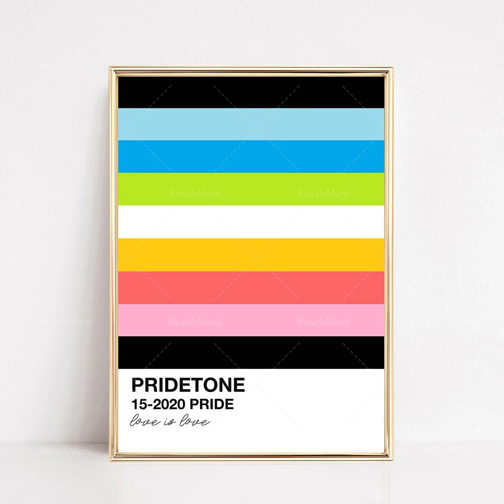 L'image montre une affiche colorée avec des bandes horizontales de couleurs vives, représentant le thème de la fierté LGBTQIA+, avec le logo "PrideTone" et la mention "15-2020 PRIDE" ainsi que la phrase "Love is love".