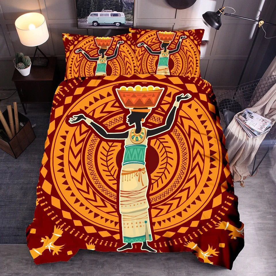 Parure de lit africain beige dans une chambre décorée