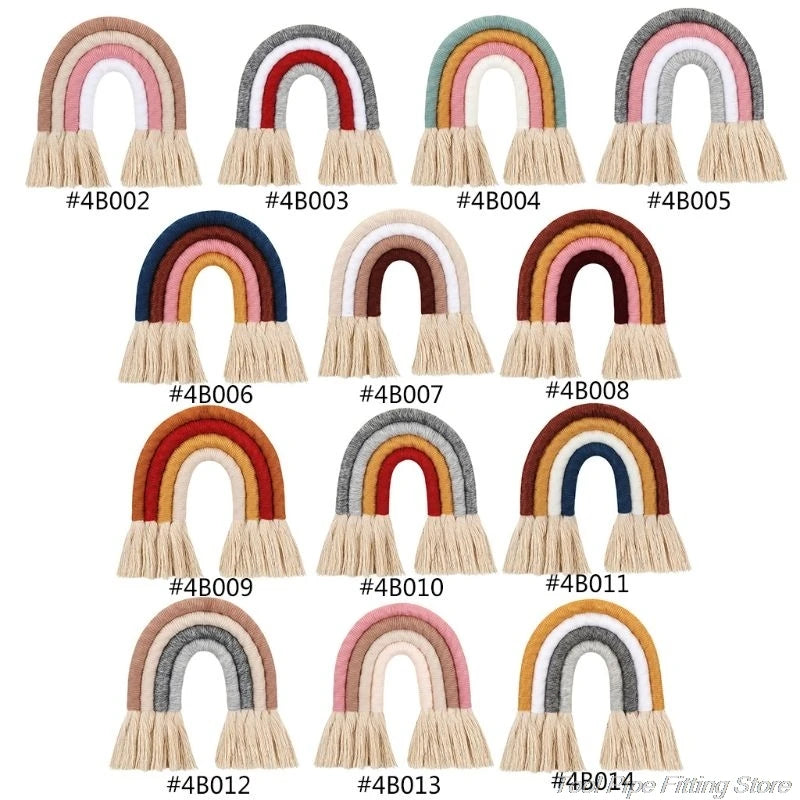 décoration murale arc ciel tissé franges boho chic marron beige bleu marine rose clair