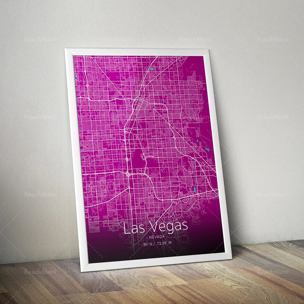 Une affiche murale illustrant un plan détaillé de la ville de Las Vegas, Nevada, avec un style graphique moderne dans les tons roses et violets.