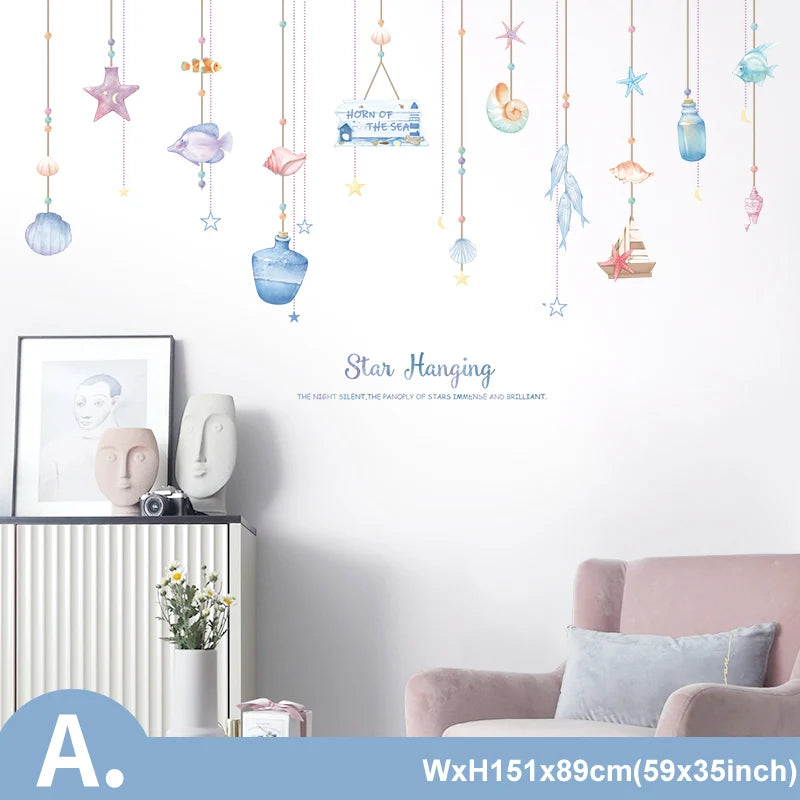 sticker mural baleine marine corail étoile mer enfant aquatique aquarelle transparent adhésif