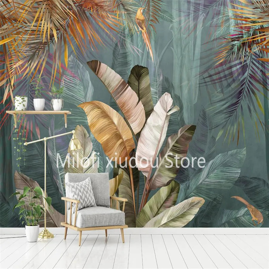 papier peint mur feuilles palmier moderne tropical oiseau résistant humidité anti moisissure respectueux environnement