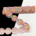 ruban décoratif fleurs strass brodé polyester rose bleu orange jaune marron opacité 6cm large