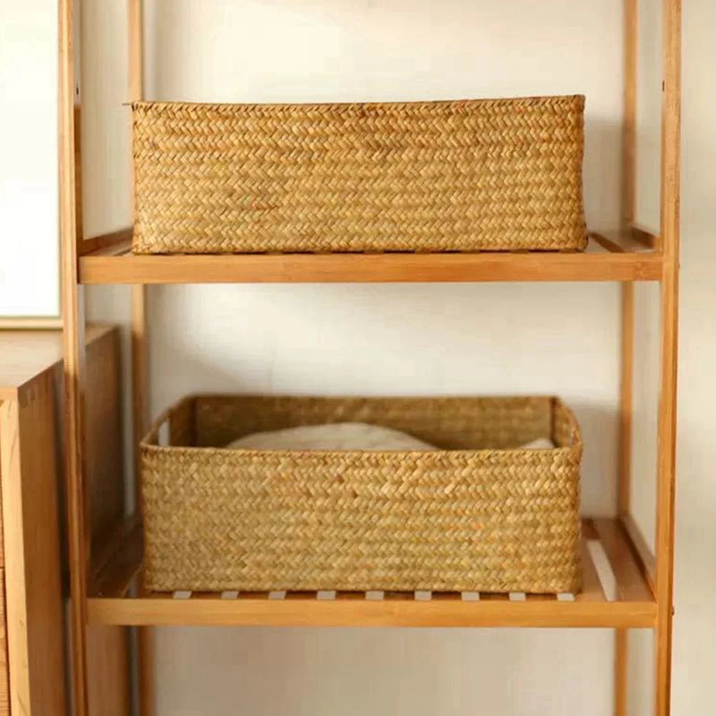 paniers rangement marron clair tissés rustiques poignées stockage respectueux l'environnement