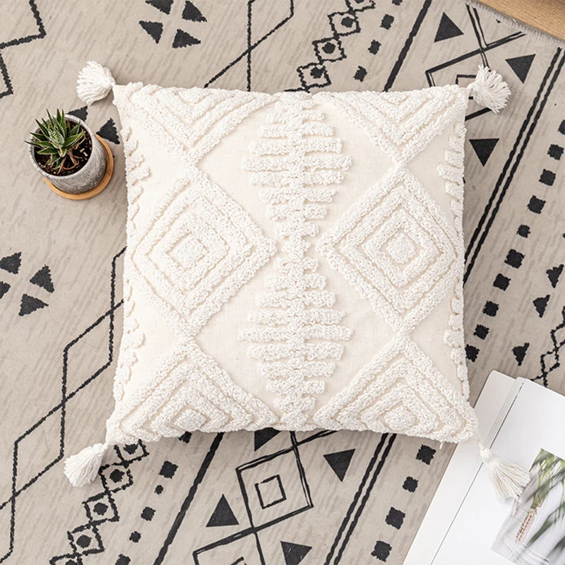 housses coussins coton blanc motif géométrique boho chic tassel opaques 45x45cm 30x50cm