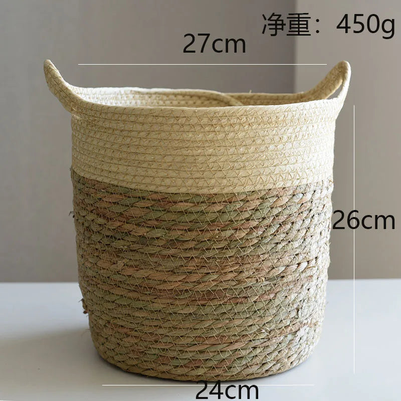 panier tissé main fibre naturelle vert clair beige rustique réutilisable respectueux environnement pliable rangement