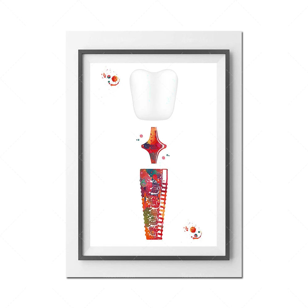 L'image représente une série d'illustrations colorées de différents éléments dentaires, tels qu'une dent et des instruments dentaires stylisés.