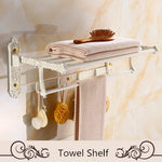 étagère salle bain blanc doré ornements sculptés finition art déco porte serviettes savon brosse