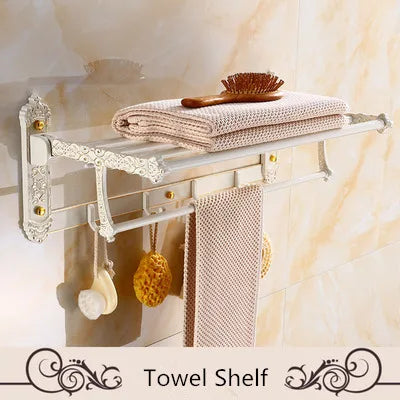 étagère salle bain blanc doré ornements sculptés finition art déco porte serviettes savon brosse