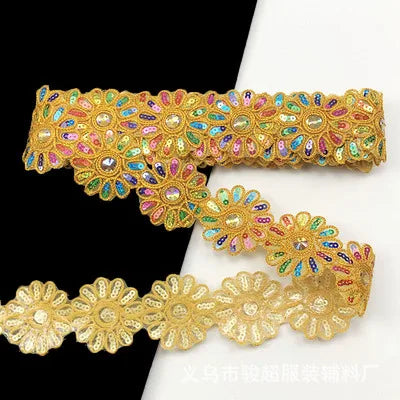 ruban décoratif fleurs strass brodé polyester rose bleu orange jaune marron opacité 6cm large