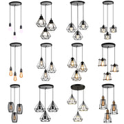 lustre industriel moderne suspension trois lumières cage métallique diamant noir blanc