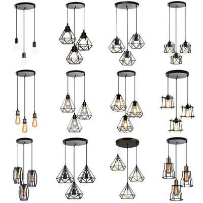Lustre industriel moderne à 3 lumières suspension fer peint vue de face