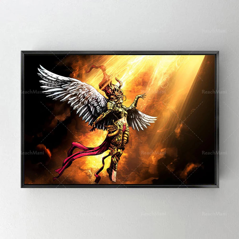 Une représentation fantastique d'un guerrier ailé aux couleurs flamboyantes, captivant l'attention par son dynamisme et son intrigue.