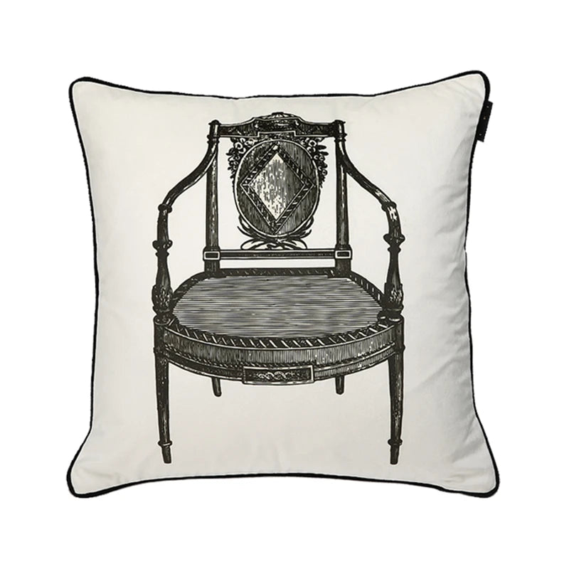 taies d'oreiller blanc motif vintage chaises maison 45x45cm 50x50cm polyester respectueux environnement