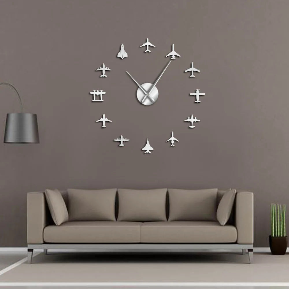 Détail du design 3D avion de chasse sur horloge murale acrylique