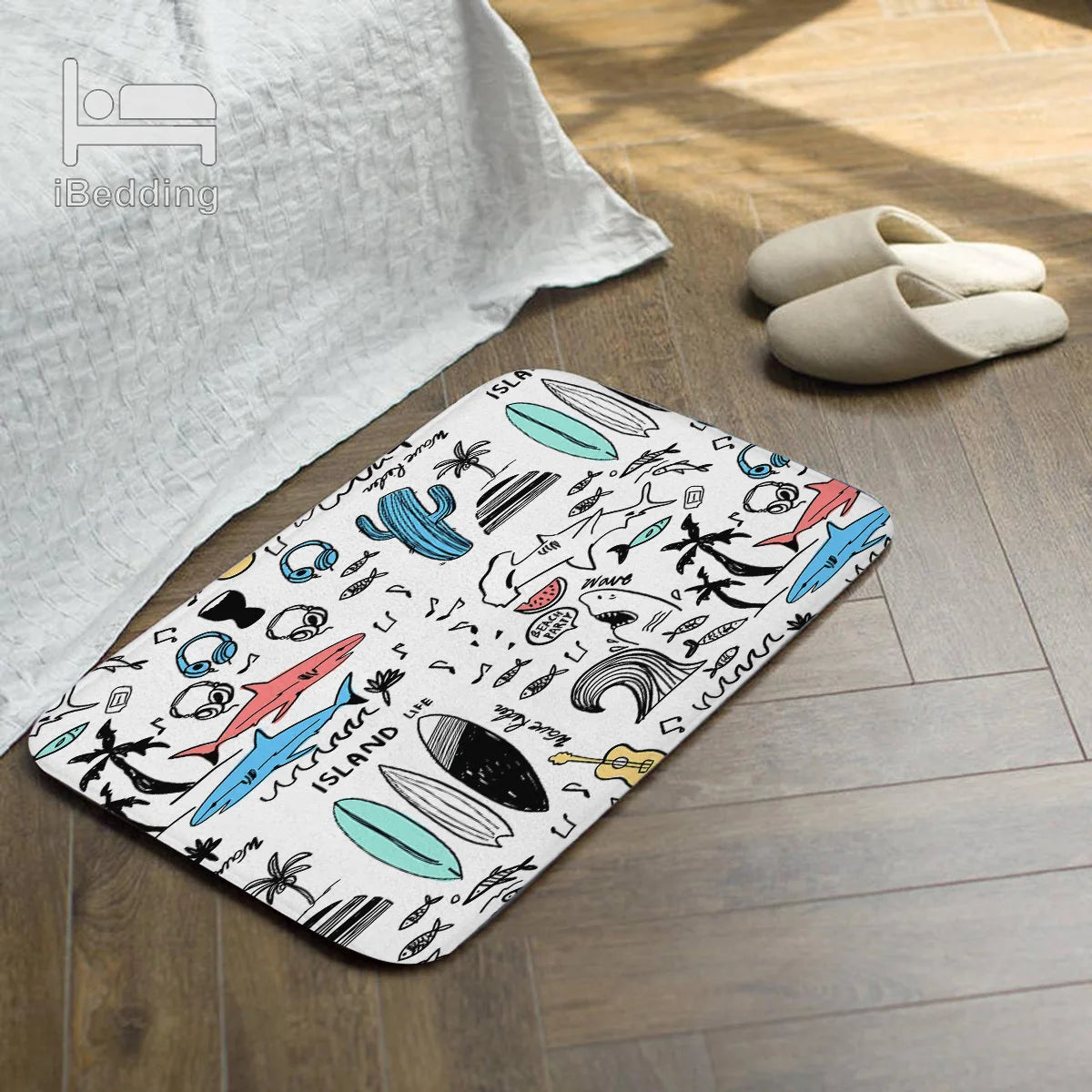 tapis bain polyester antidérapant moderne dessin animé vague cactus musique floral couleurs variées porte