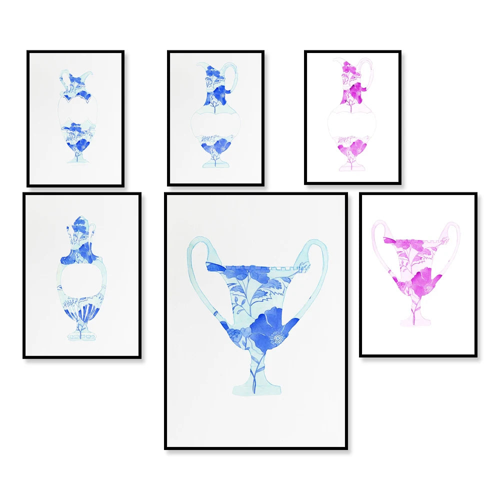 Ce jeu d'affiches décoratifs présente diverses illustrations florales abstraites dans des tons de bleu et de rose, disposées dans un agencement élégant.