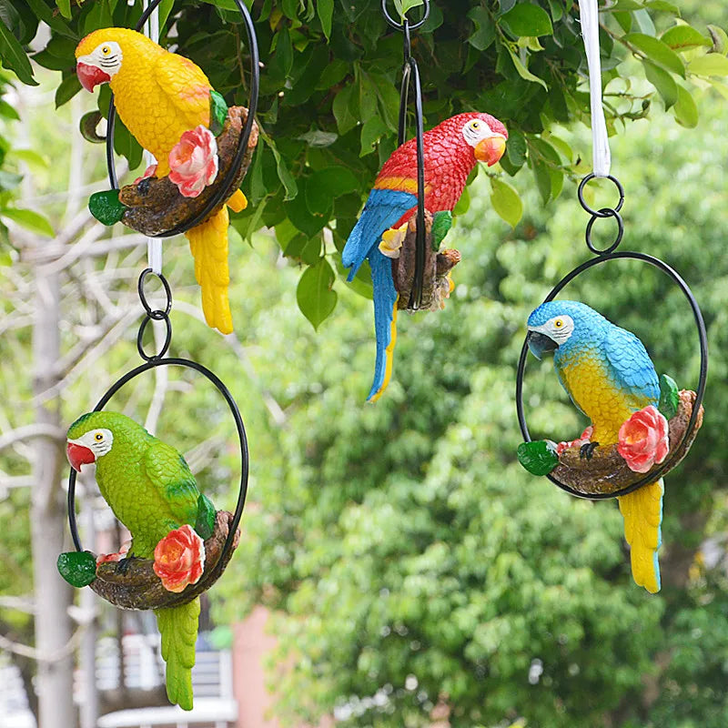 décoration extérieure oiseau suspendu perroquet plumage coloré anneau métallique jardin fleurs artificiellesbranches