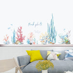 sticker mural baleine marine corail étoile mer enfant aquatique aquarelle transparent adhésif