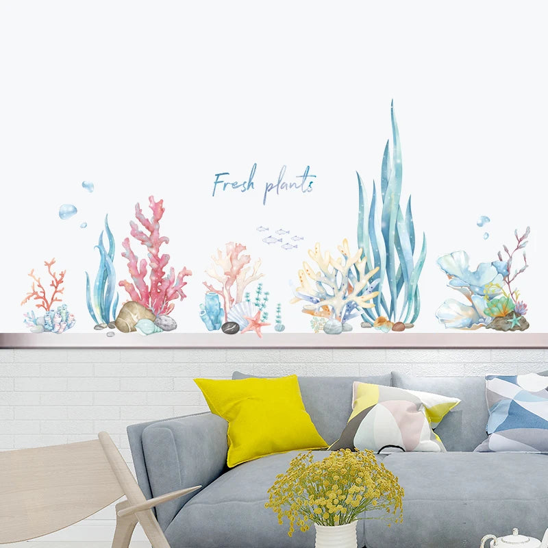 sticker mural baleine marine corail étoile mer enfant aquatique aquarelle transparent adhésif