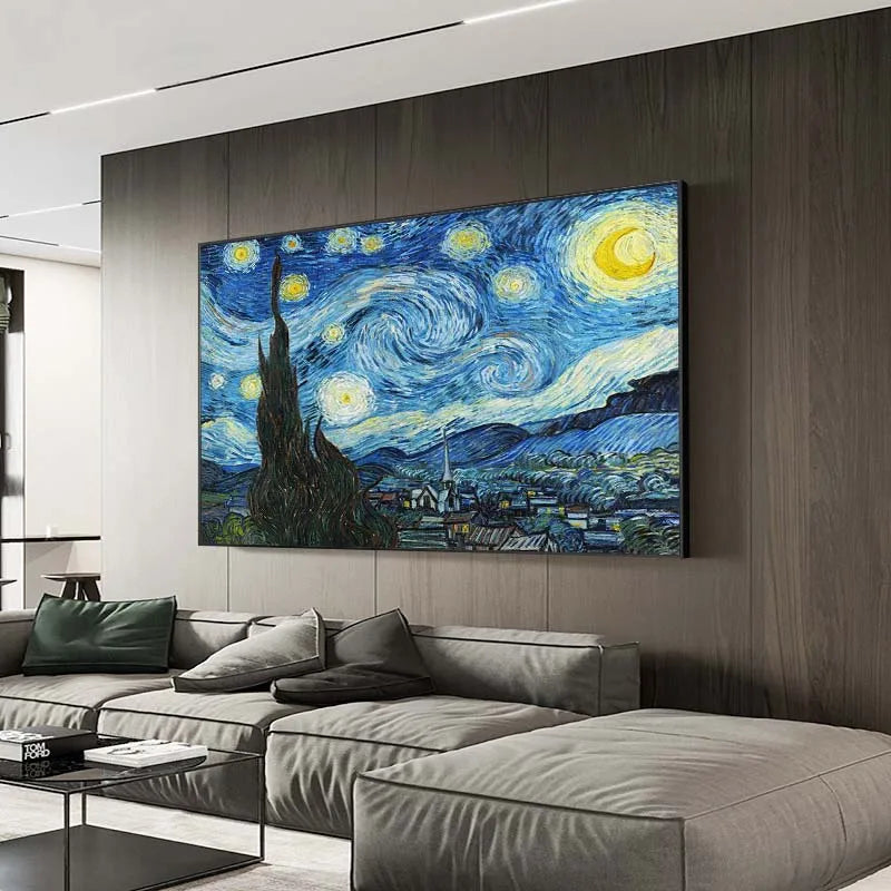 Toile impressionniste nuit étoilée sans cadre paysage abstrait bleu blanc vertical