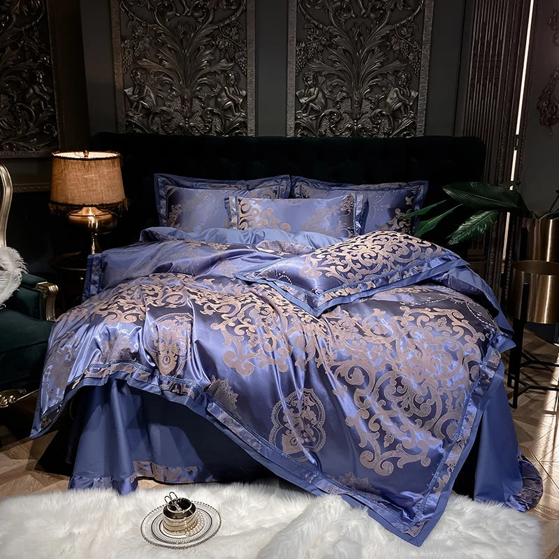 Détail des motifs géométriques jacquard de la housse de couette bleu or gris
